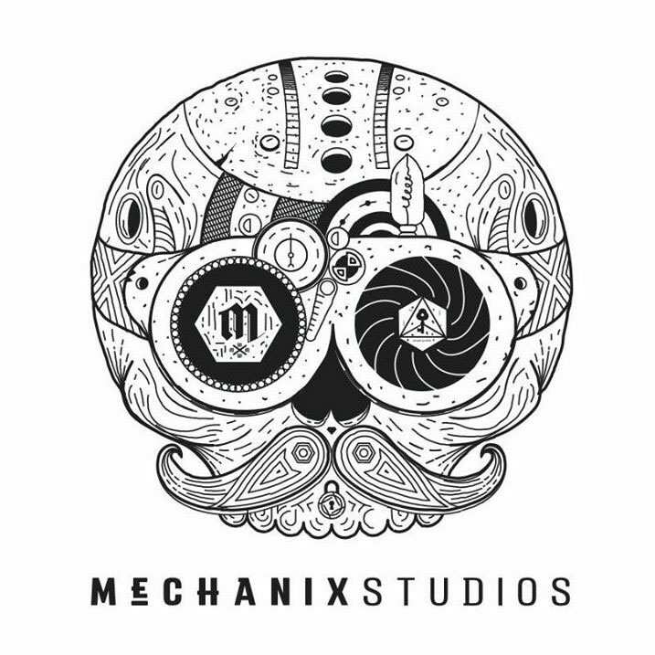 mechanix studios logo, a steampunk skull in black and white colors